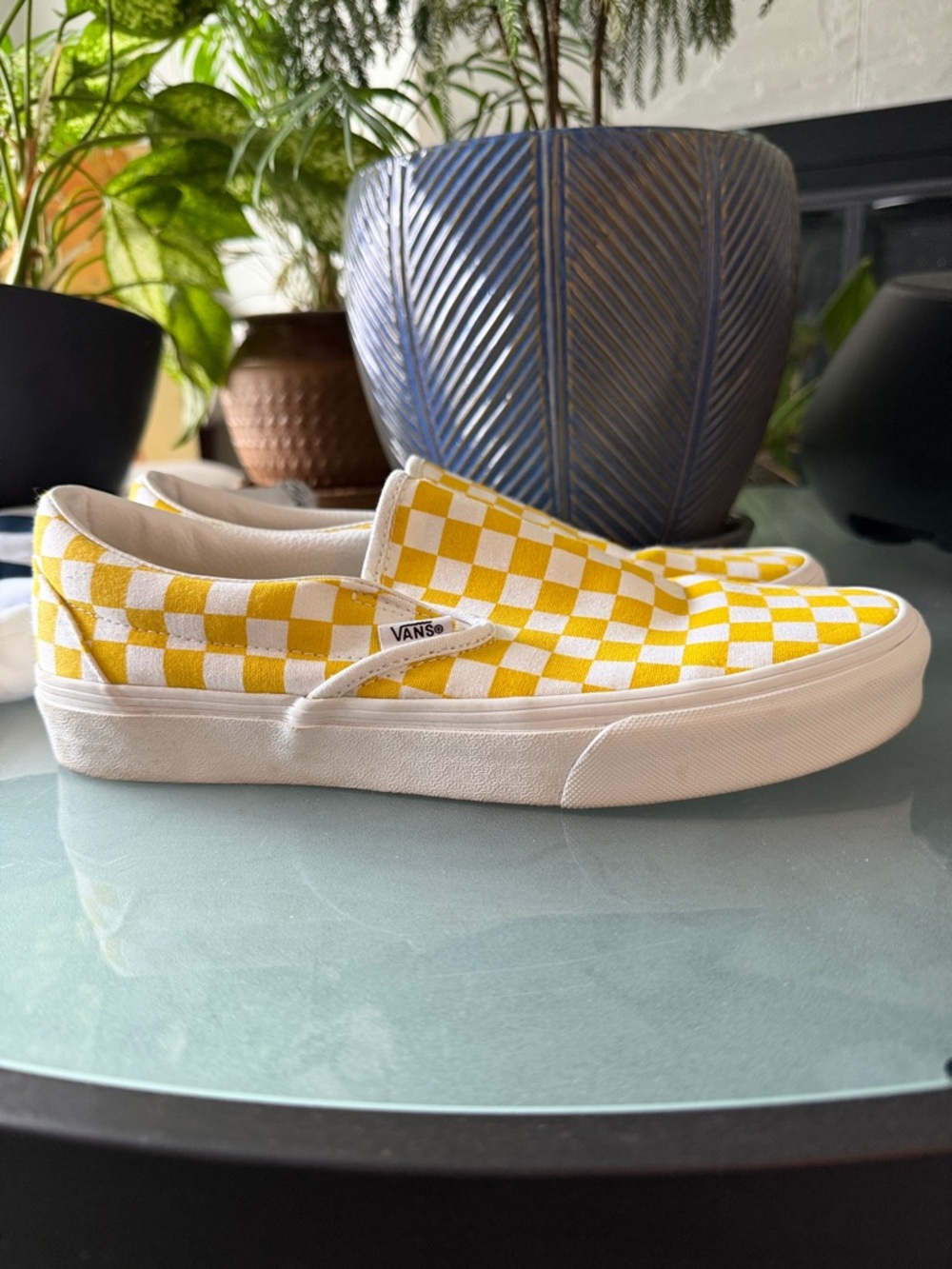 Vans Slip-On Checkerboard Sneakers in Yellow & White